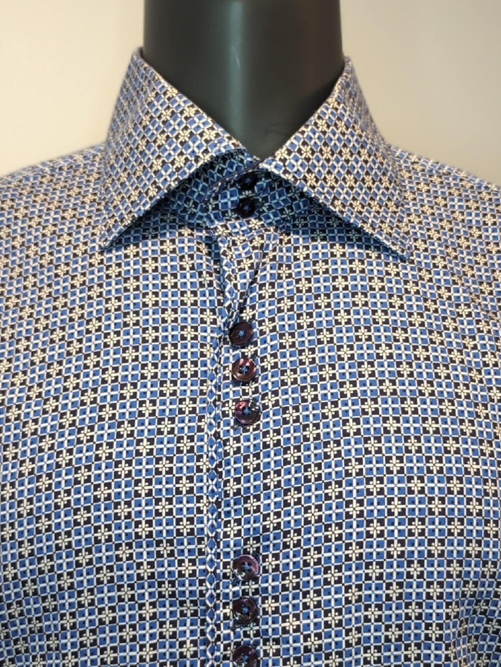 Au Noir Blue  Geometri  Patterned Long-Sleeve Dress Shirt Size 7 / 3XL